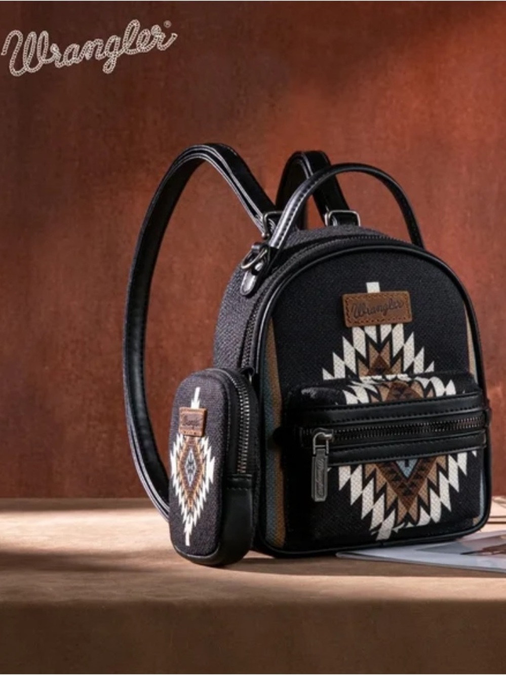 Wrangler Black Mini Backpack with Aztec Print